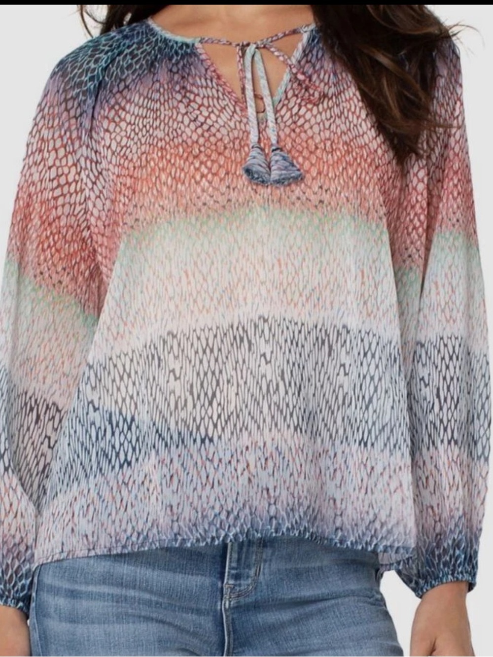 Liverpool Los Angeles Ombré Snake Print Sheer Long Sleeve
Tie Neck Blouse